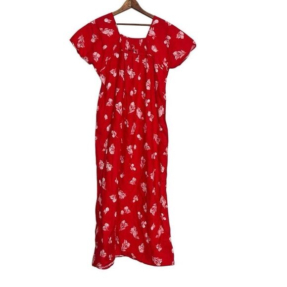 Vintage Floral Square Neck Smocked Trim Lounge Night Dress Red Small - Picture 1 of 5
